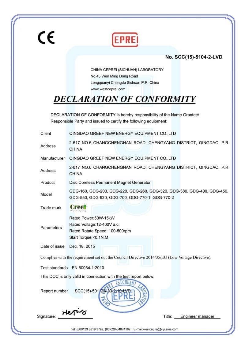 China Qingdao Greef New Energy Equipment Co., Ltd Certificaciones