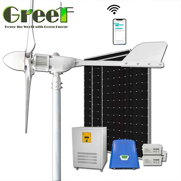 Solución de sistema híbrido de energía completa solar eólica para uso doméstico, conectado a la red / aislado / híbrido, turbina eólica de eje horizontal 1KW 2KW 5KW